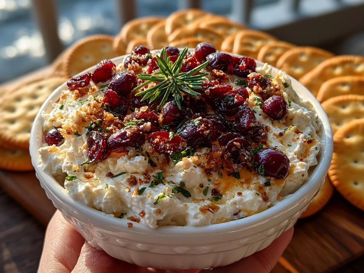 Finished Cranberry Jalapeno Cream Cheese Dip in a bowl ready to serve