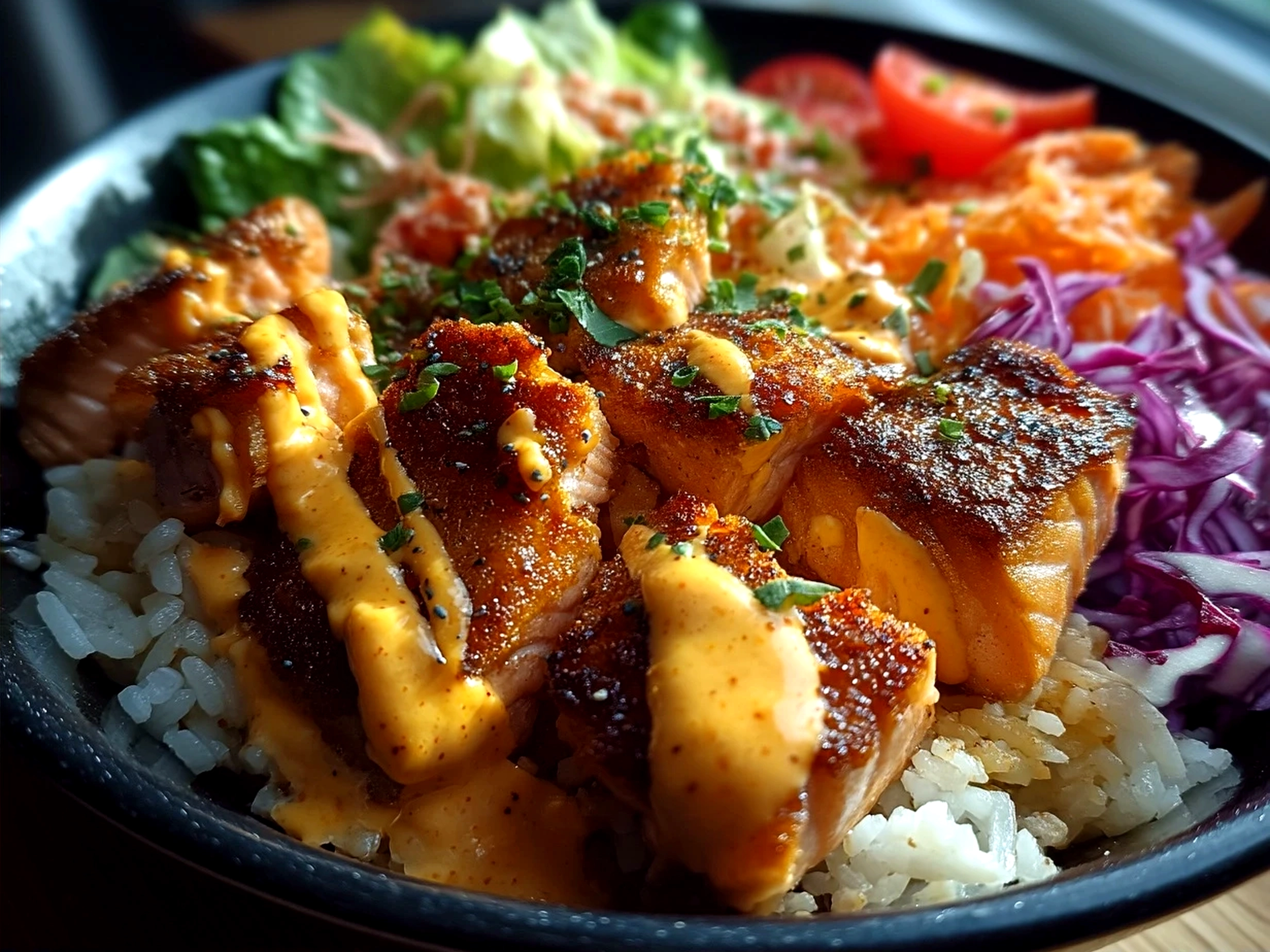 A serving of Air Fryer Salmon Bowl With Spicy Mayo ready to eat with avocado, shredded carrots and greens