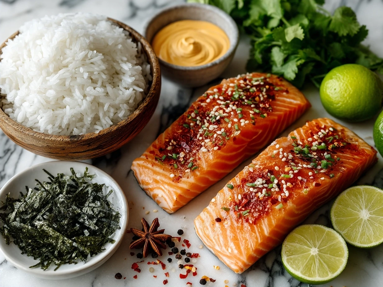 Ingredients for Air Fryer Salmon Bowl With Spicy Mayo laid out on a kitchen counter