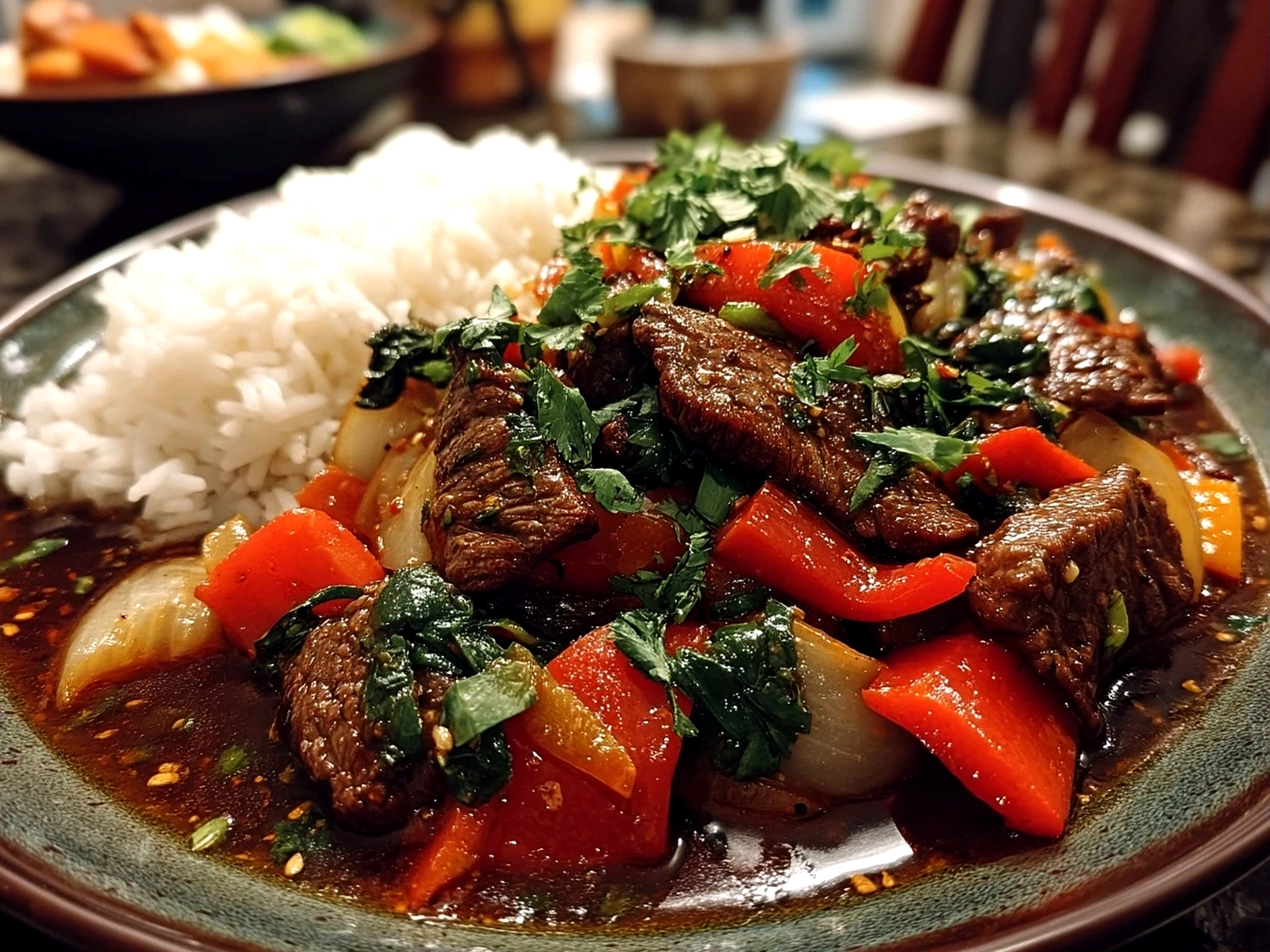 Close-up of finished homemade Chinese pepper steak with fresh vibrant ingredients in an amateur kitchen