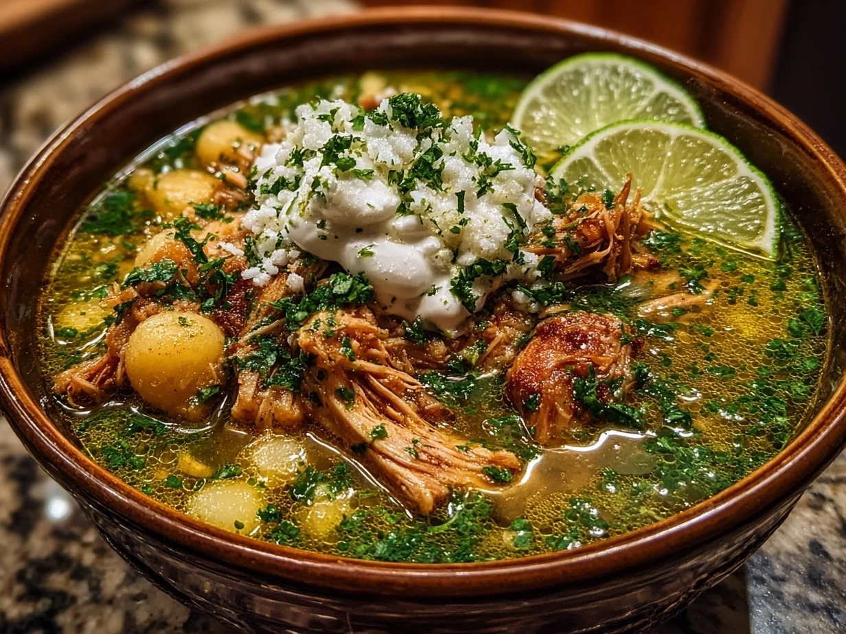 Bowl of Authentic Crockpot Chicken Pozole Verde garnished with fresh cilantro and lime wedges
