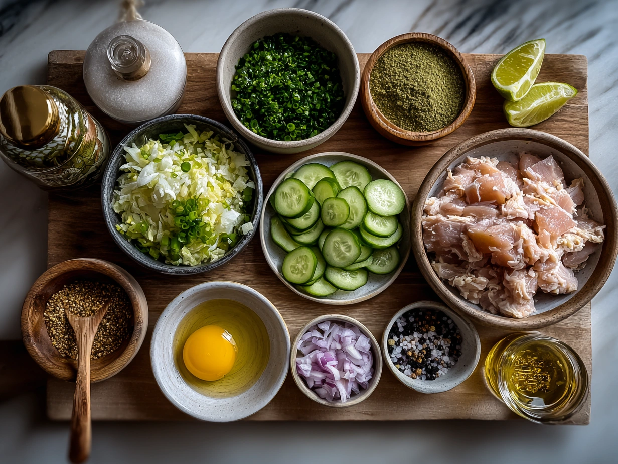 Ingredients for Authentic Crockpot Chicken Pozole Verde including chicken breasts, hominy, tomatillos, garlic, and herbs