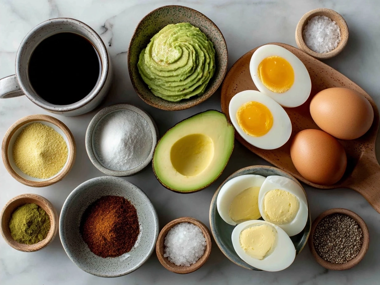 Ingredients for avocado deviled eggs including eggs, avocado, Greek yogurt, lemon, and spices
