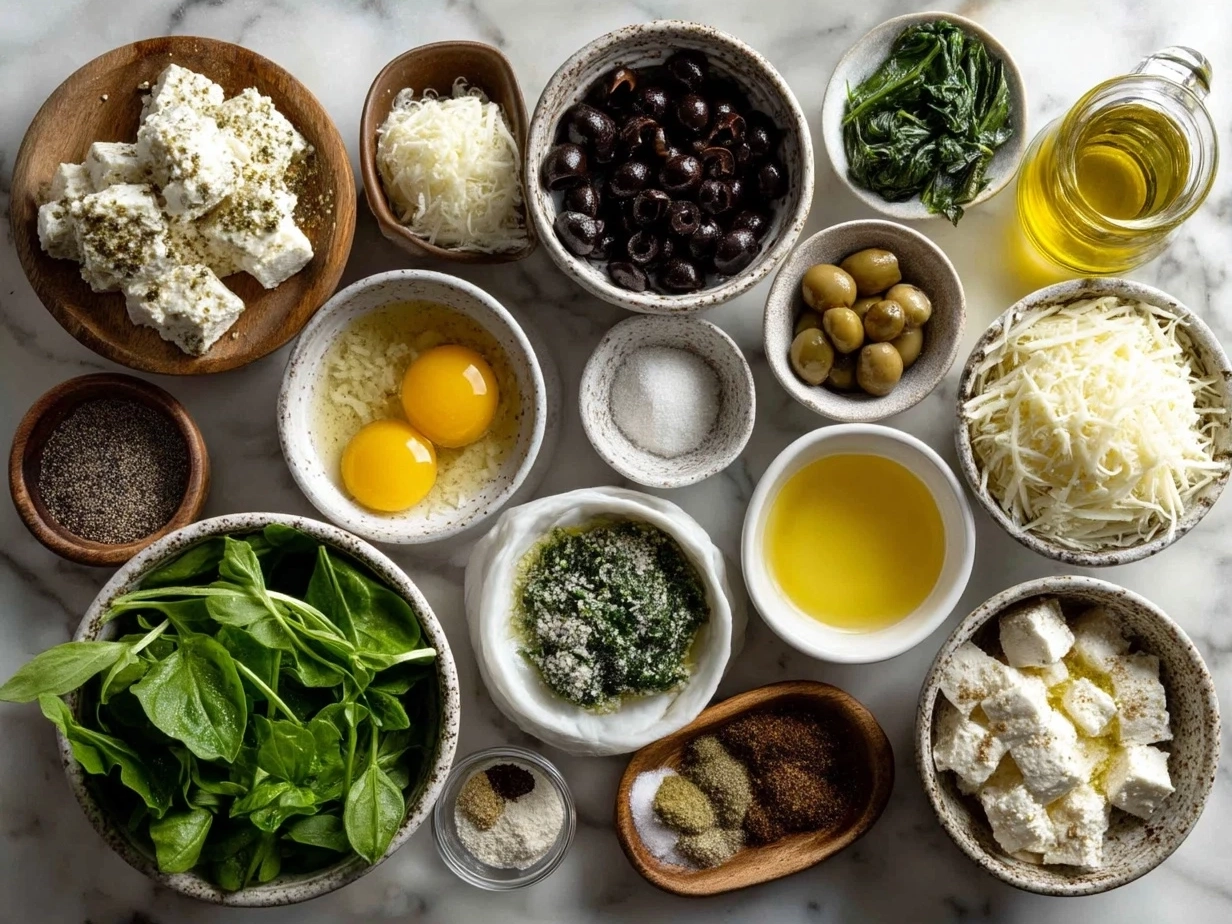Ingredients for baked feta pasta with spinach laid out on a table