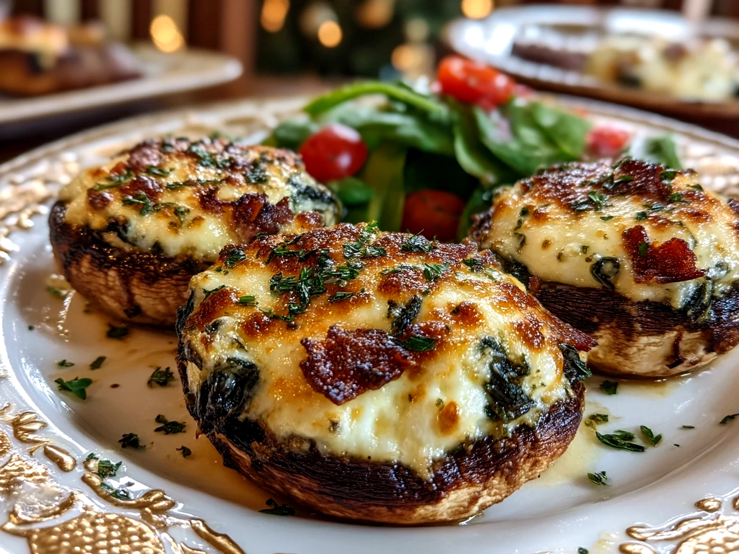 Baked Stuffed Portobello Mushrooms served on a plate with fresh herbs