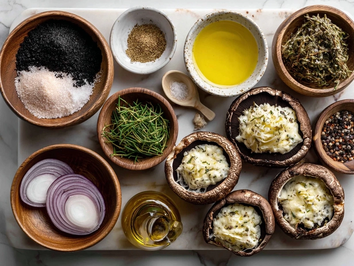 Ingredients for Baked Stuffed Portobello Mushrooms including mushrooms, spinach, cheese, quinoa and tomatoes