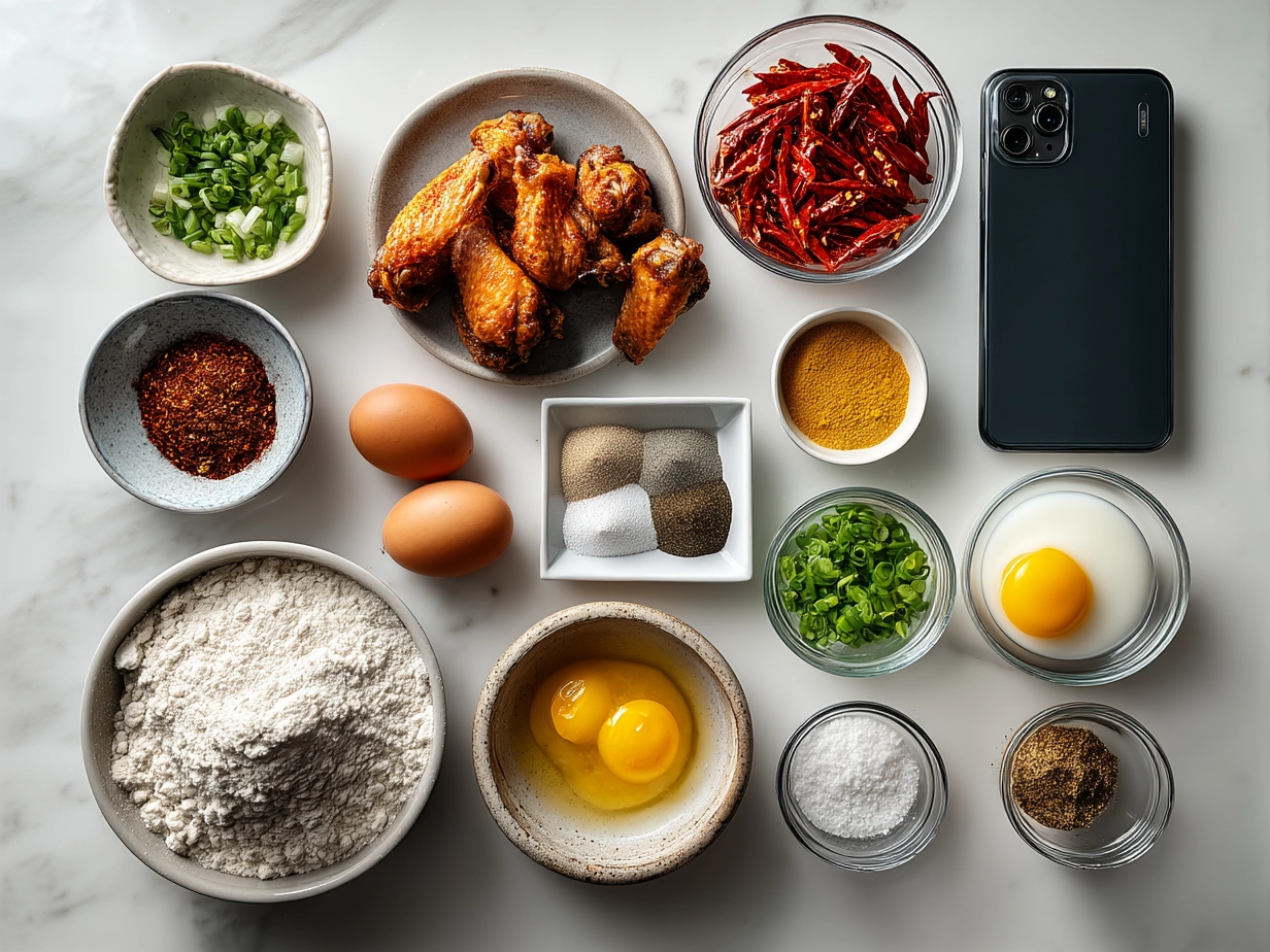 Ingredients for baked sweet chili wings including chicken wings, sweet chili sauce, olive oil, soy sauce, garlic powder, and spices