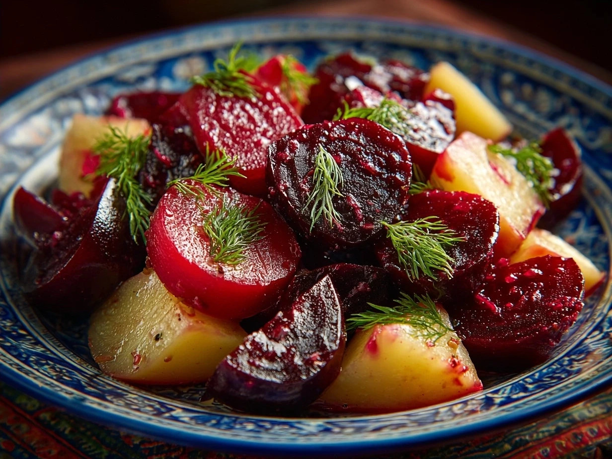 Finished beet salad with arugula, goat cheese, walnuts, and balsamic dressing ready to serve