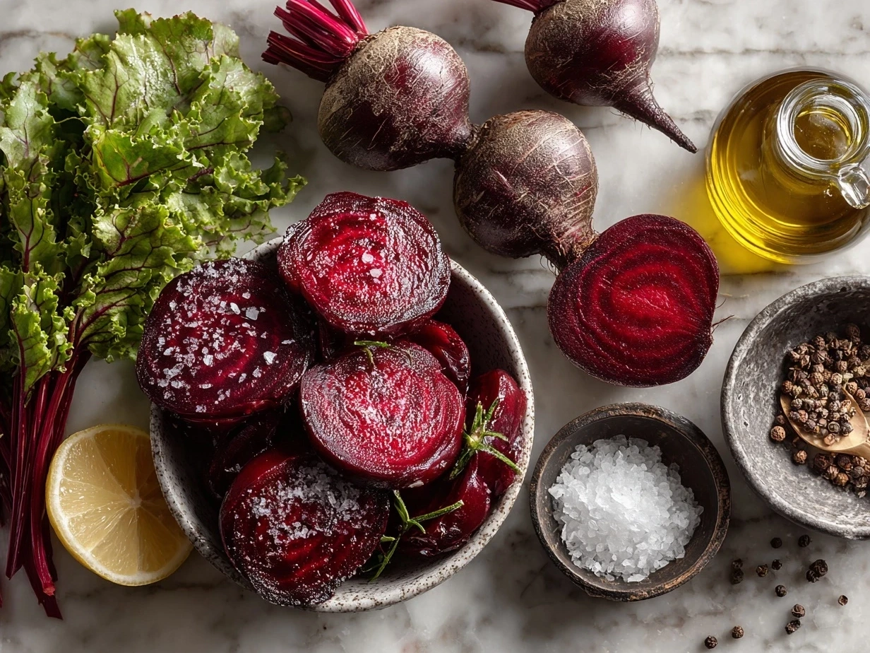 Fresh ingredients for beet salad including roasted beets, arugula, goat cheese, walnuts, and dressing