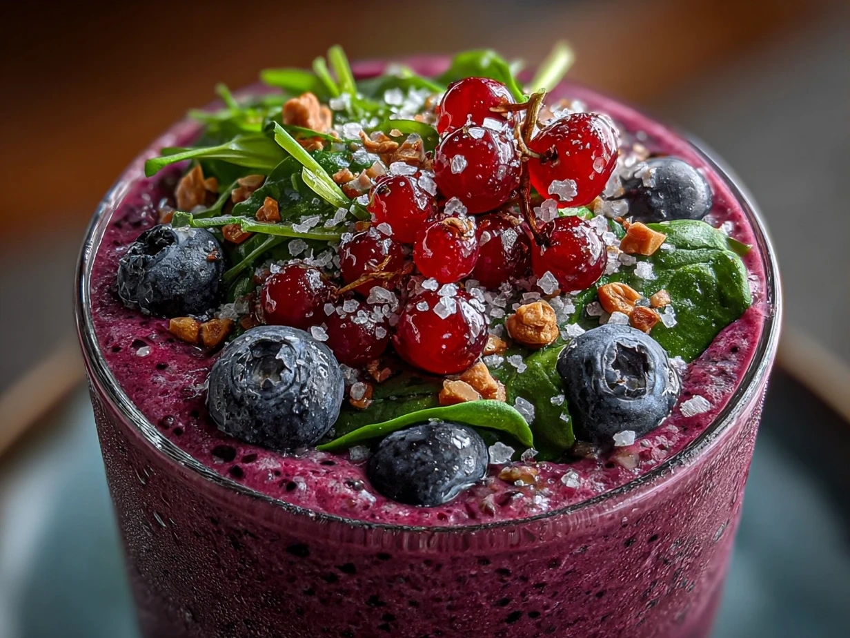 Freshly poured Berry Spinach Smoothie in a clear glass