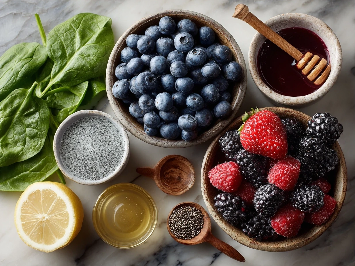 Ingredients for Berry Spinach Smoothie: spinach, berries, banana, almond milk, chia seeds, honey