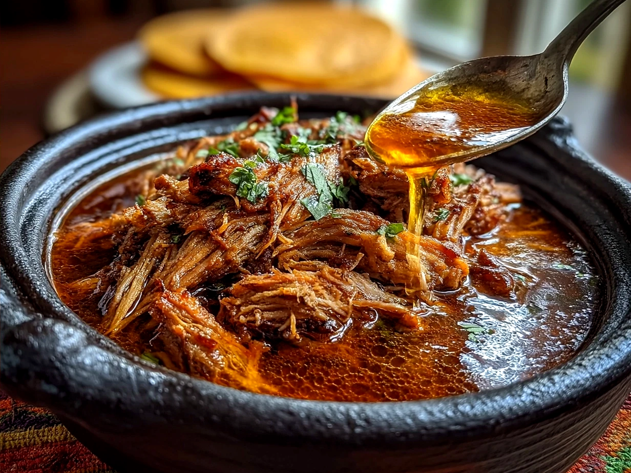 Finished plate of beautiful birria tacos served with fresh cilantro and onion garnish