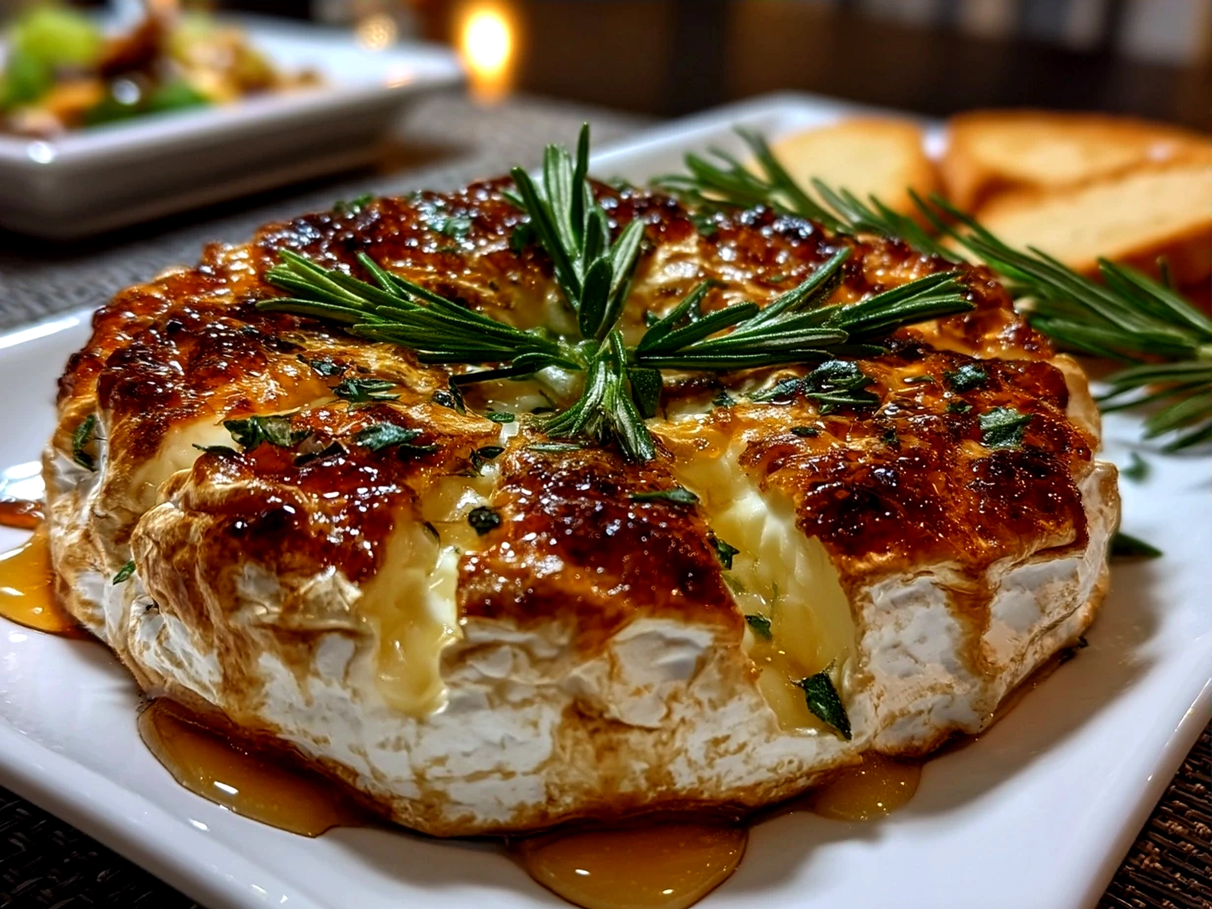 Finished Brie Cheese Wheel with Rosemary Wreath served