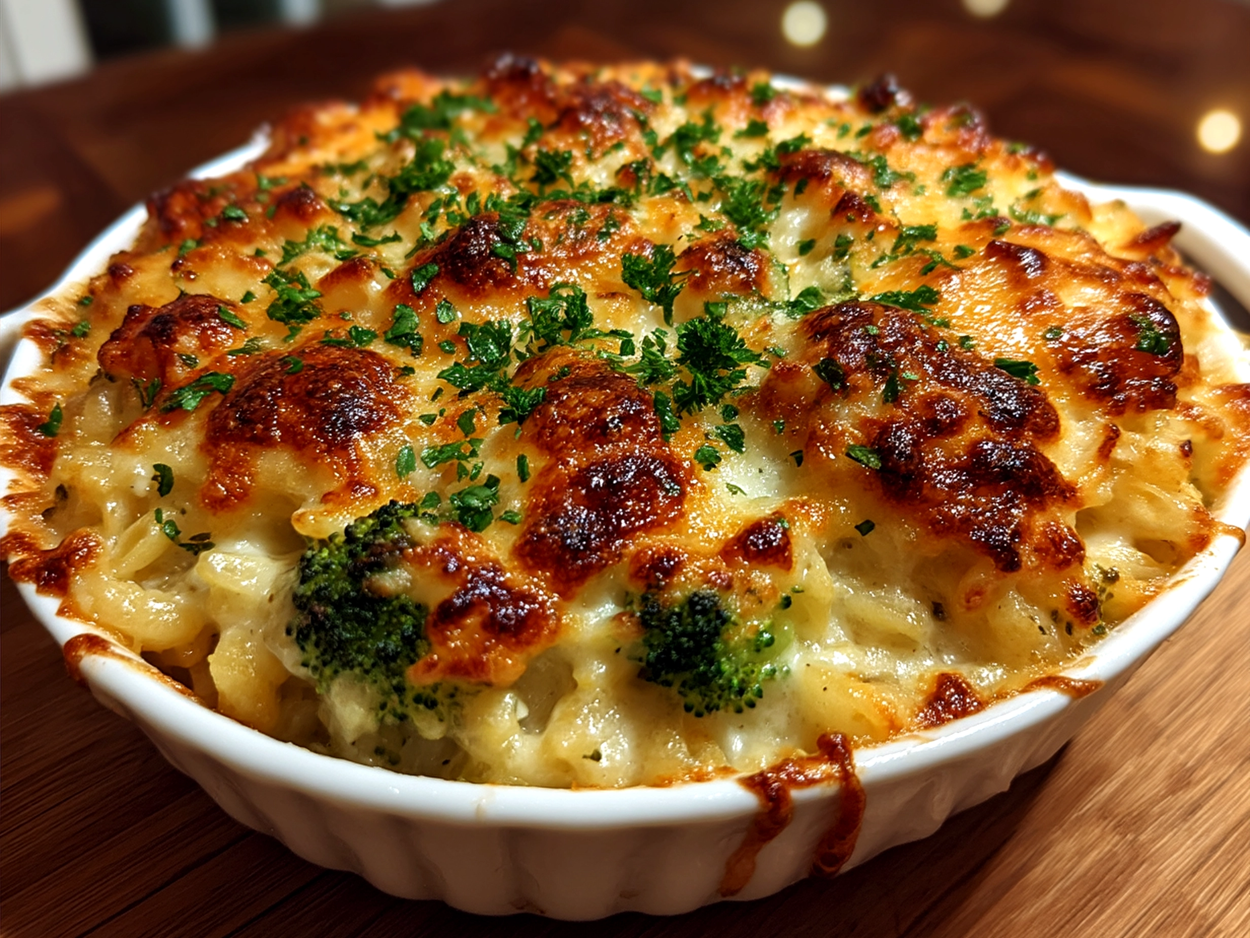 Served Broccoli Cheddar Orzo Bake garnished with parsley next to a fresh salad