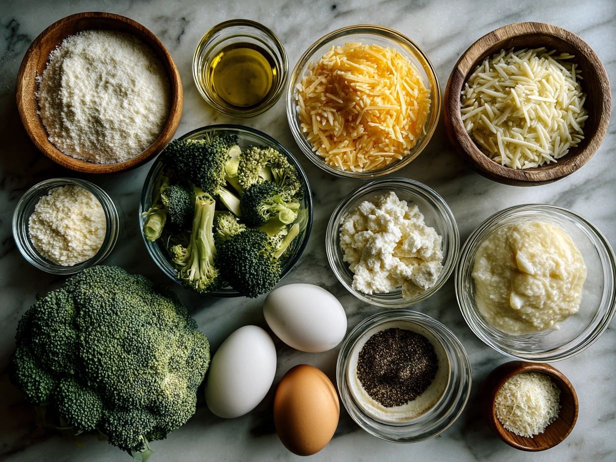 Ingredients for Broccoli Cheddar Orzo Bake including orzo pasta, broccoli, cheddar cheese, milk, broth, butter, flour, onion, garlic, paprika, and breadcrumbs