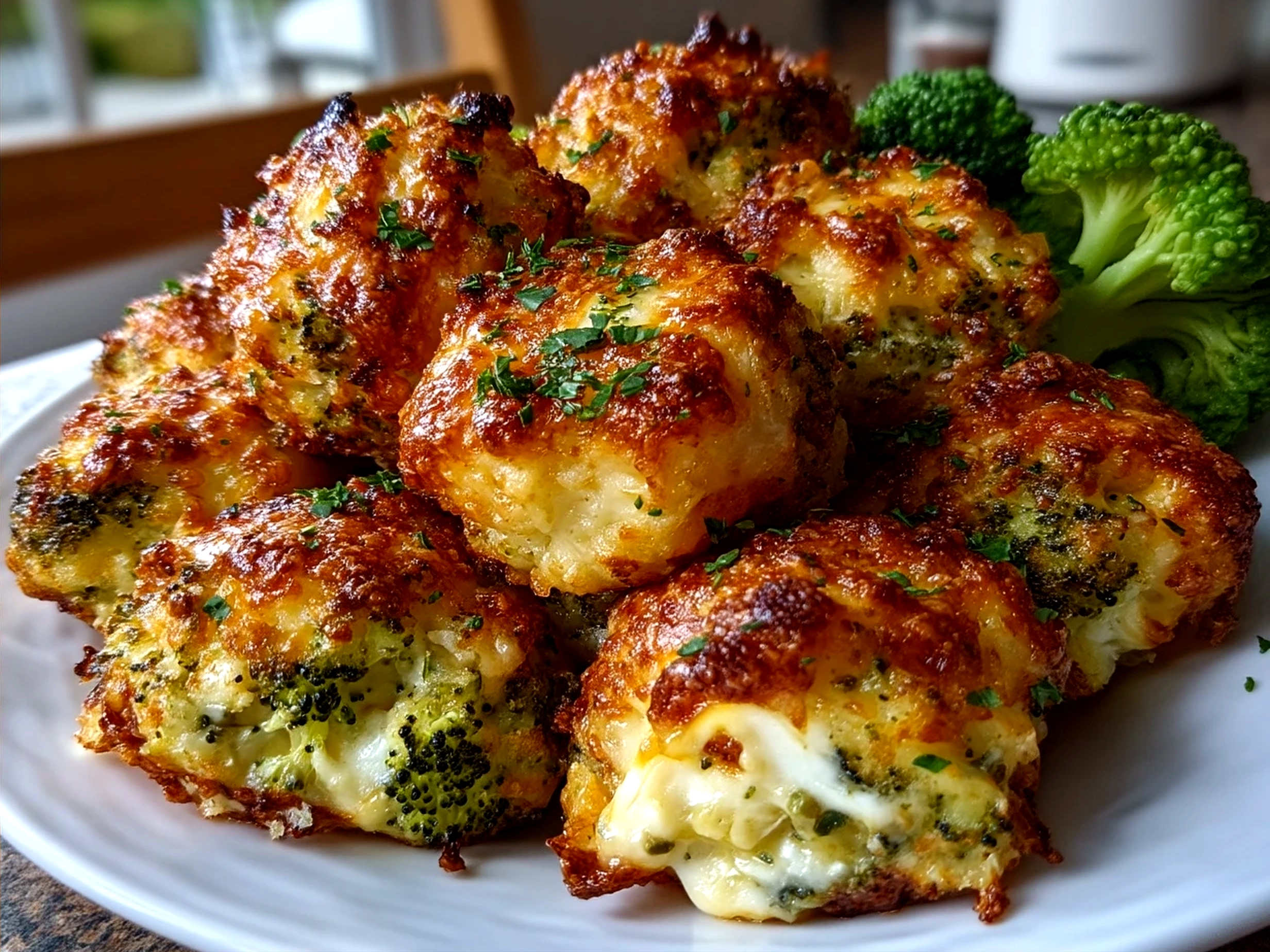 Golden crispy Broccoli Cheese Balls served with dipping sauces and fresh salad
