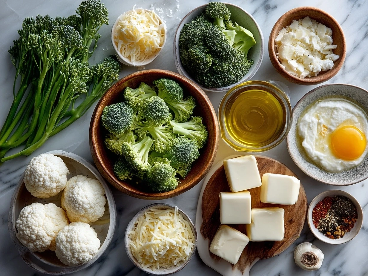 Ingredients for Broccoli Cheese Balls laid out including broccoli, cheese, egg, breadcrumbs
