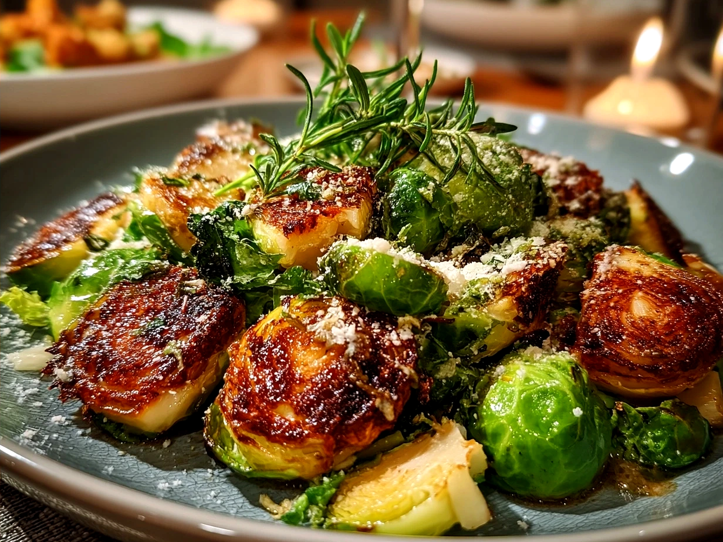 Serving bowl with Brussels Sprouts Caesar topped with toasted nuts and Parmesan cheese
