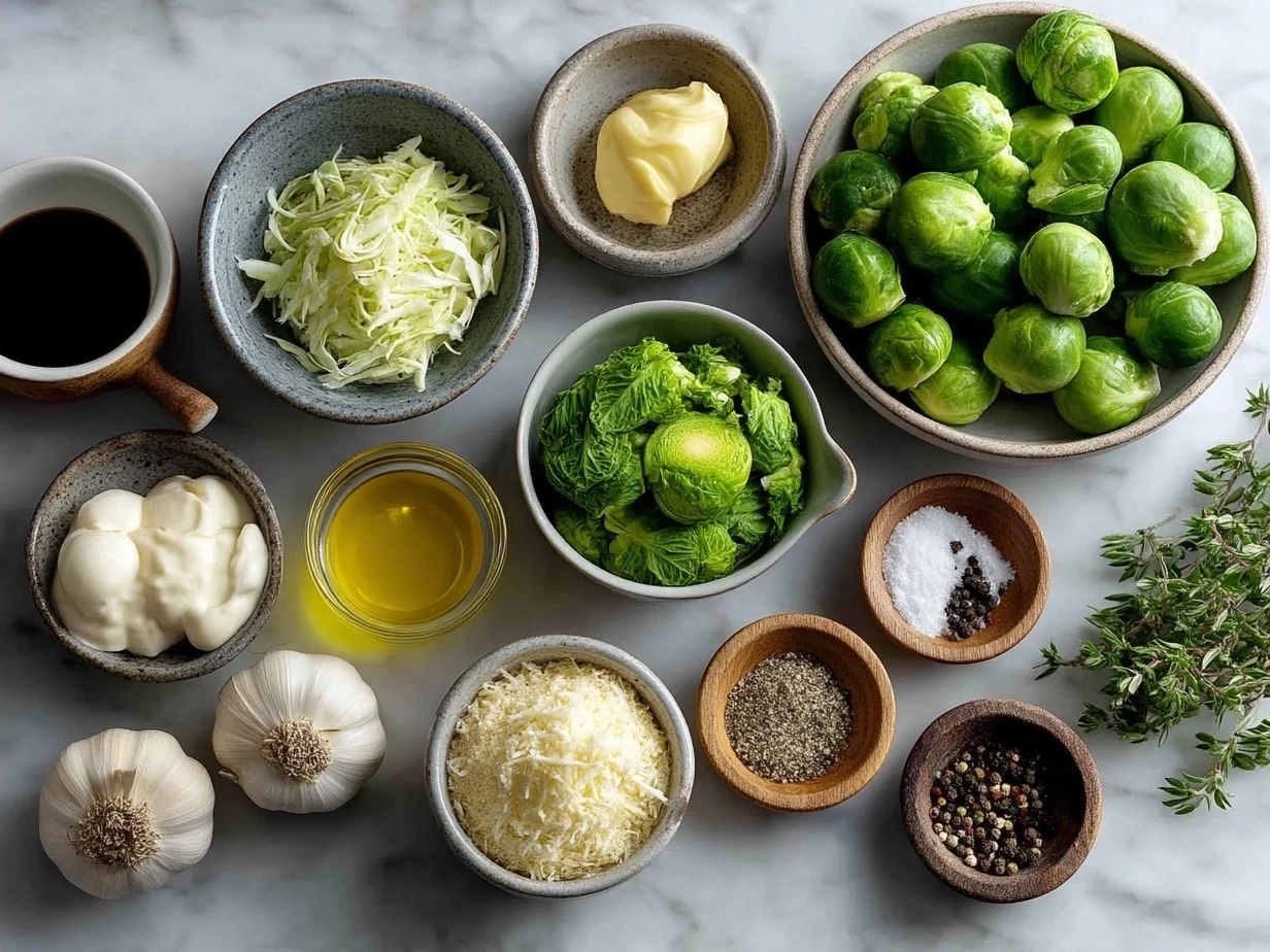 Ingredients for Brussels Sprouts Caesar laid out on a wooden table