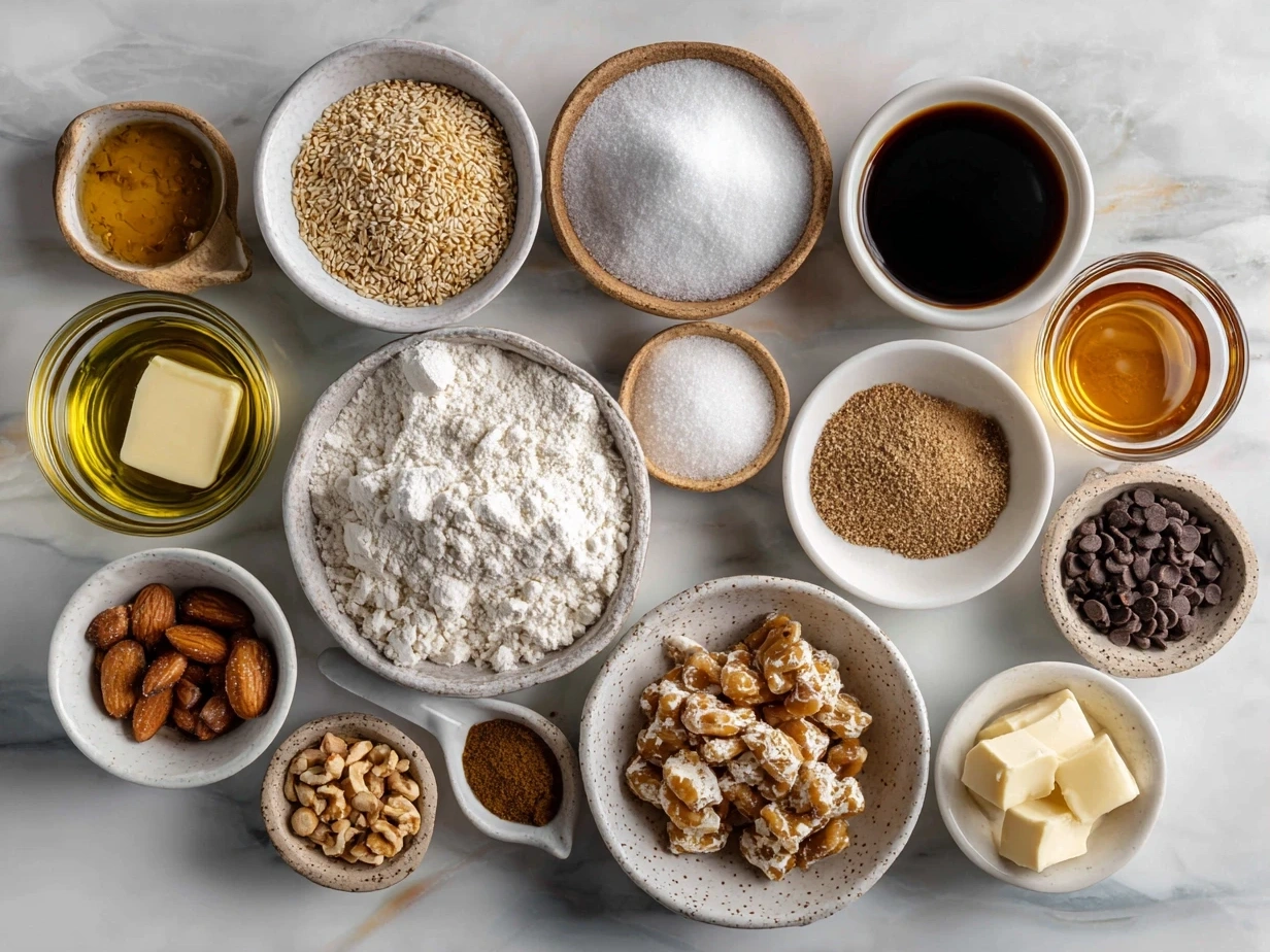 Ingredients for Bunny Bait Snack Mix including Rice Chex cereal, pretzels, mini marshmallows, candy-coated chocolate eggs, powdered sugar, coconut oil, vanilla extract, cinnamon