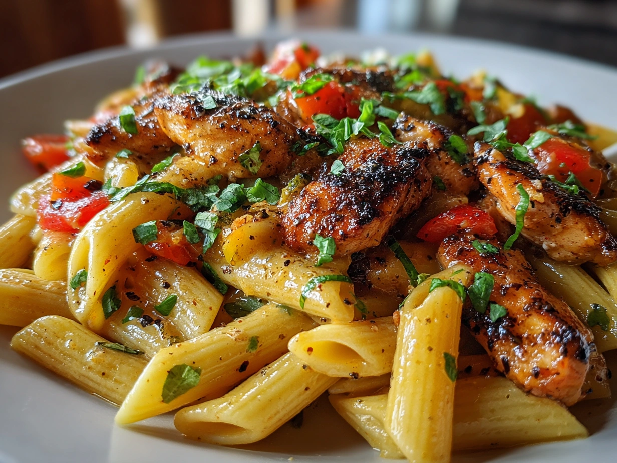Final plated Cajun Chicken Pasta garnished with fresh parsley