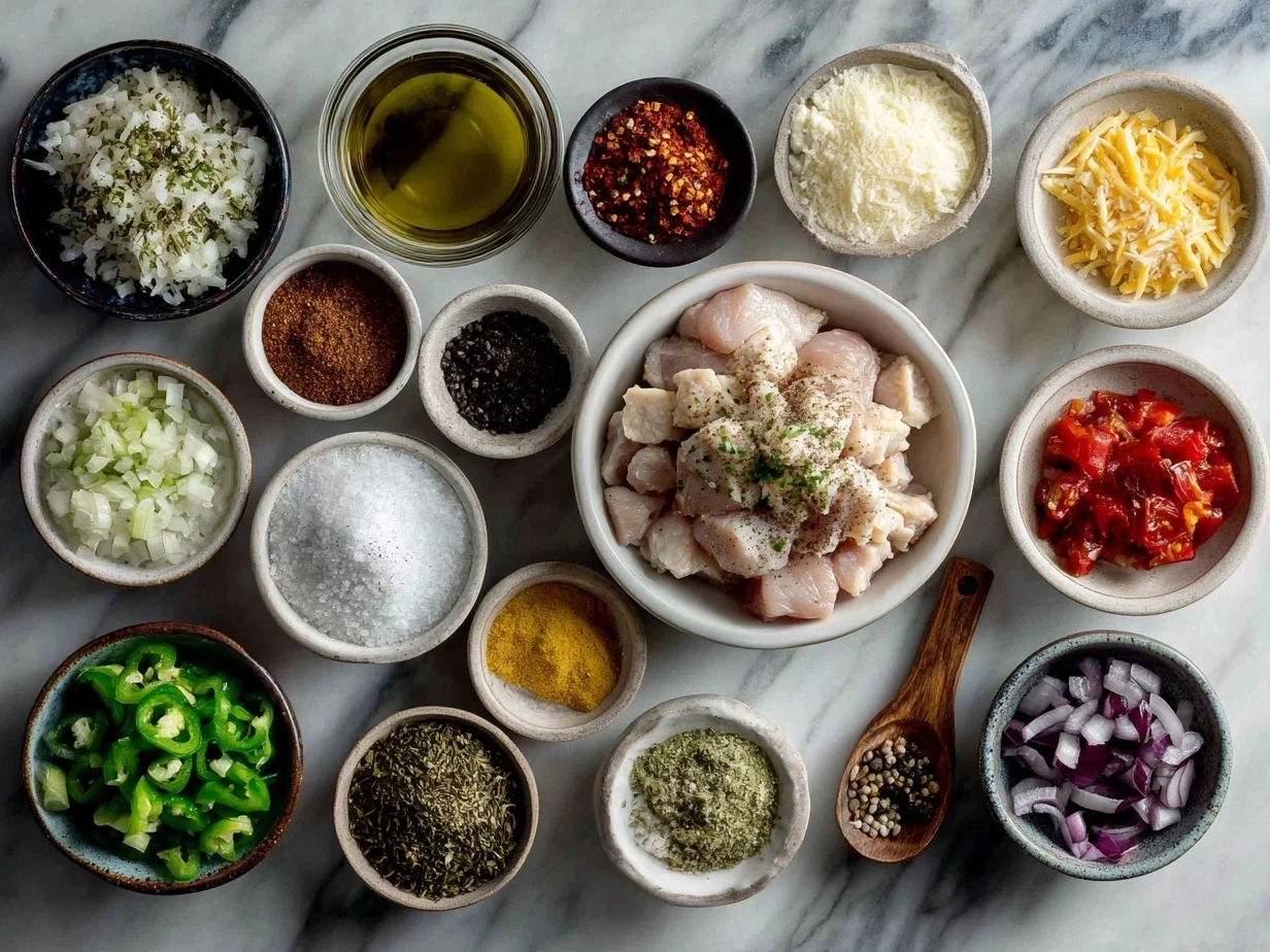 Ingredients for Cajun Chicken Pasta laid out on a table
