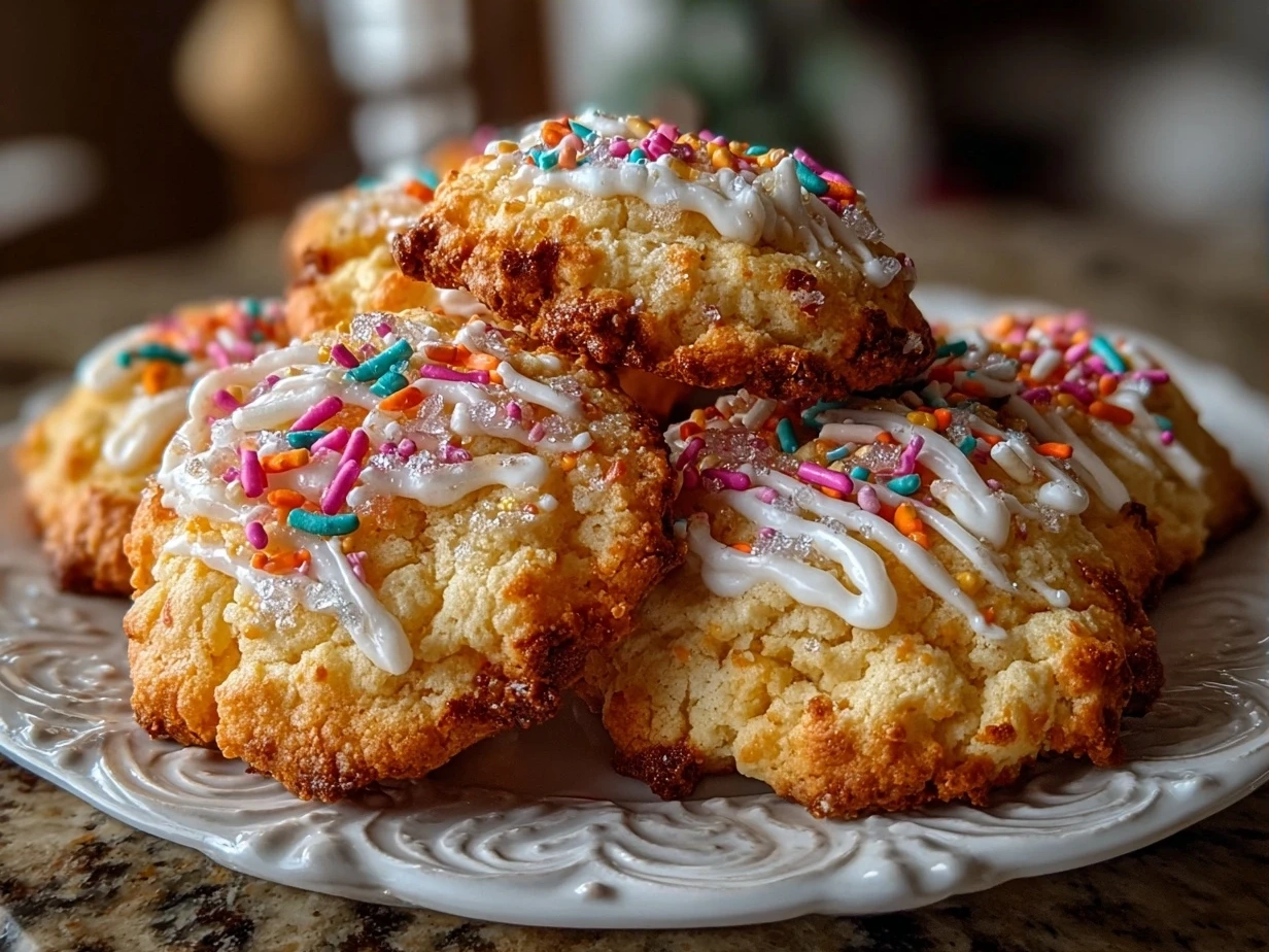 Delicious freshly baked Cake Mix Cookies stacked on a plate for serving