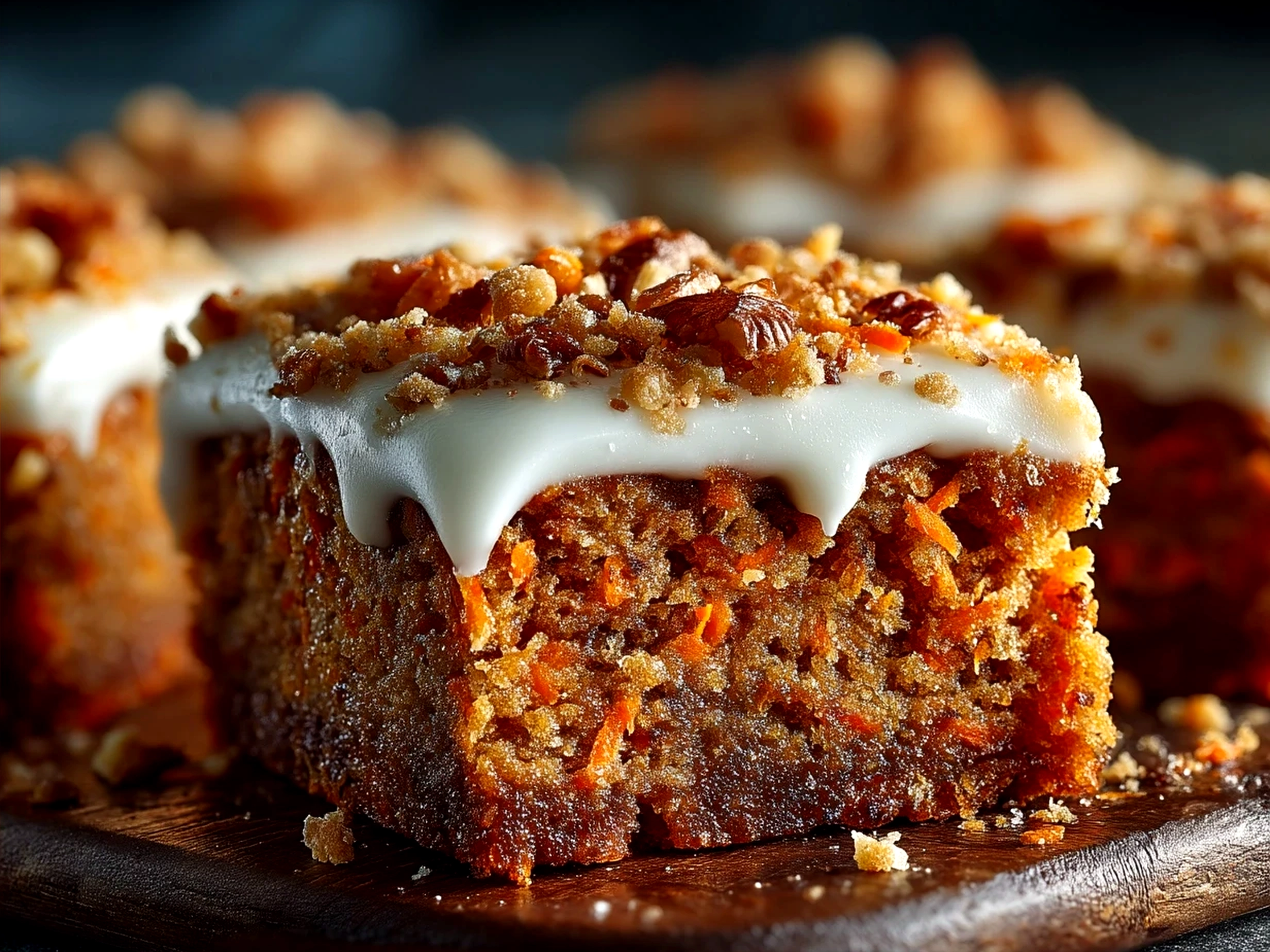Finished carrot cake bars with cream cheese frosting topped with nuts, served on a plate