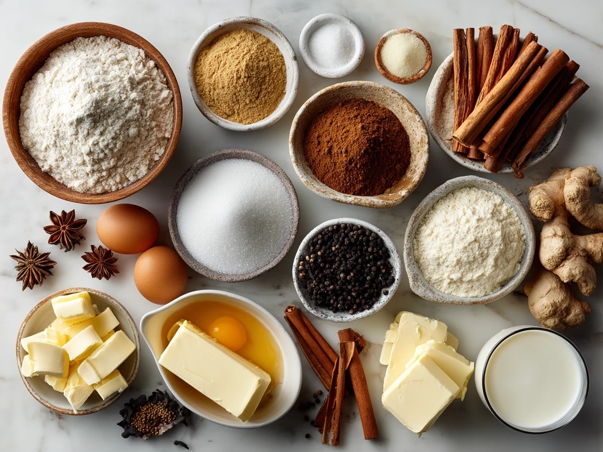 Ingredients for homemade chai cinnamon rolls including spices, flour, and butter