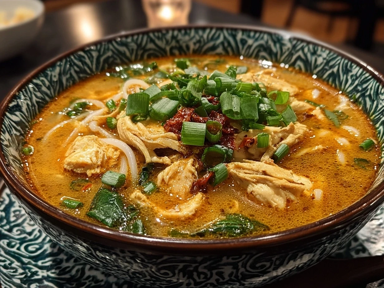 Final bowl of Cheats Chicken Laksa garnished with fresh herbs and chili
