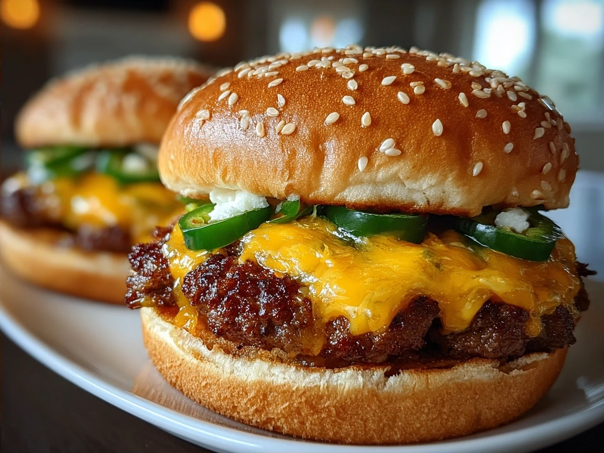 Delicious finished Cheddar Jalapeño Burgers ready to serve
