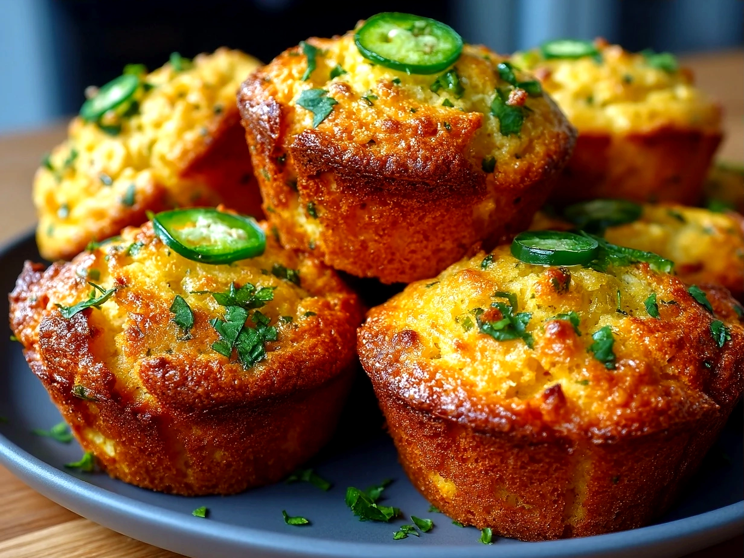 Freshly baked Cheddar Jalapeño Cornbread Muffins served on a plate with a side salad.