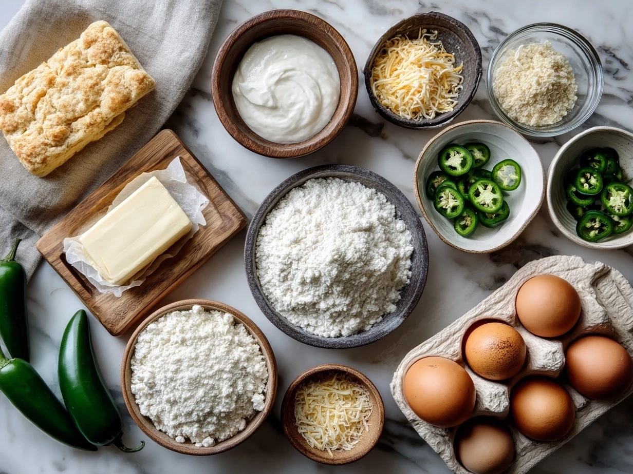 Ingredients for Cheddar Jalapeño Cornbread Muffins laid out on a table including cornmeal, flour, cheddar cheese, jalapeños, eggs, and buttermilk.