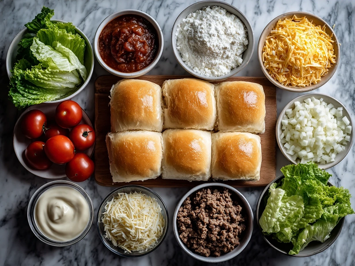 Ingredients for Cheeseburger Sliders on Hawaiian Rolls arranged on a table