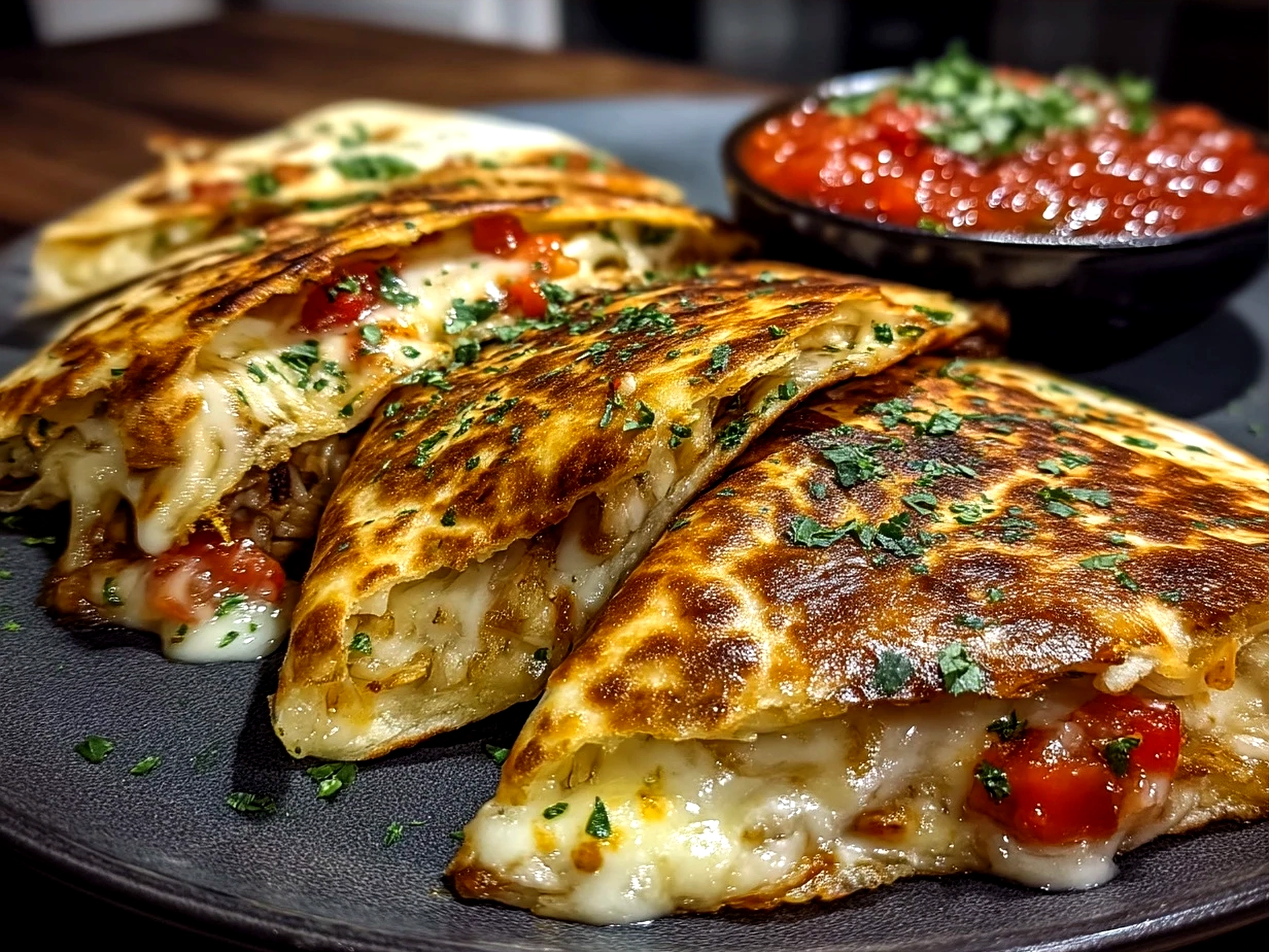 Finished cheese quesadilla sliced into triangles and served with fresh lime wedges