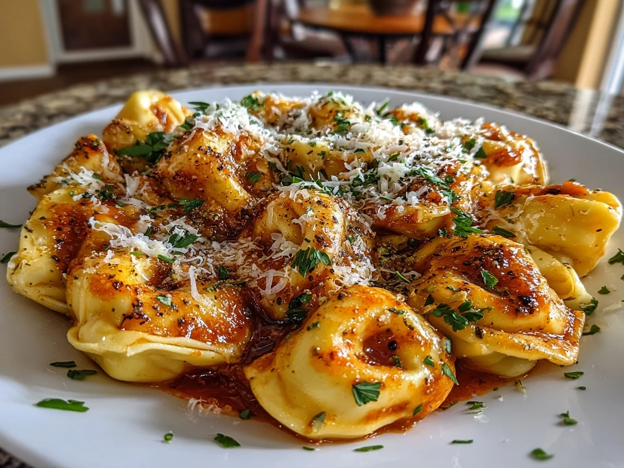 Creamy finished Cheese Tortellini in Marinara sauce garnished with fresh herbs and Parmesan