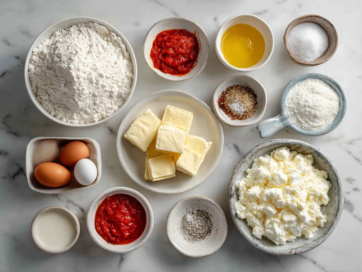 Ingredients for Cheese Tortellini in Creamy Marinara including cheese tortellini, marinara sauce, cream, olive oil, garlic and herbs