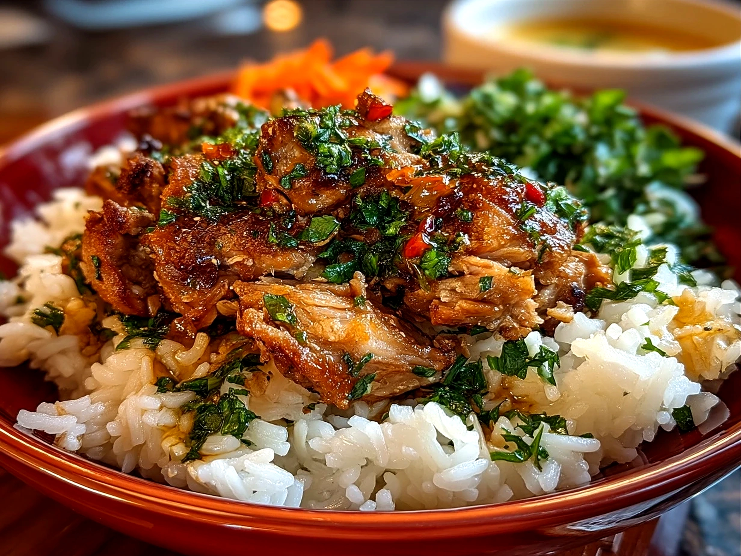 Serving suggestion of Chicken And Rice Bowl with fresh herbs and avocado