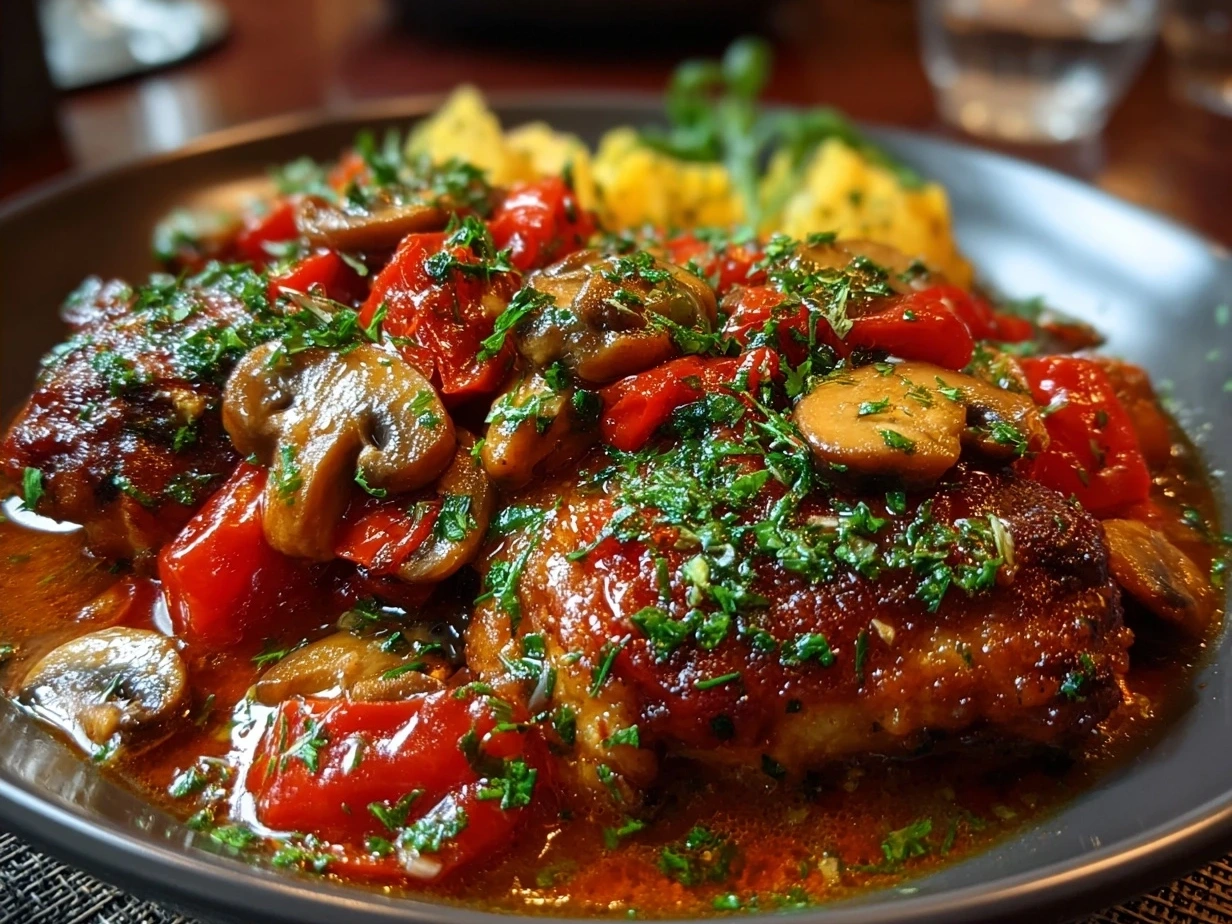 Final served Chicken Cacciatore dish garnished with fresh parsley in a white bowl