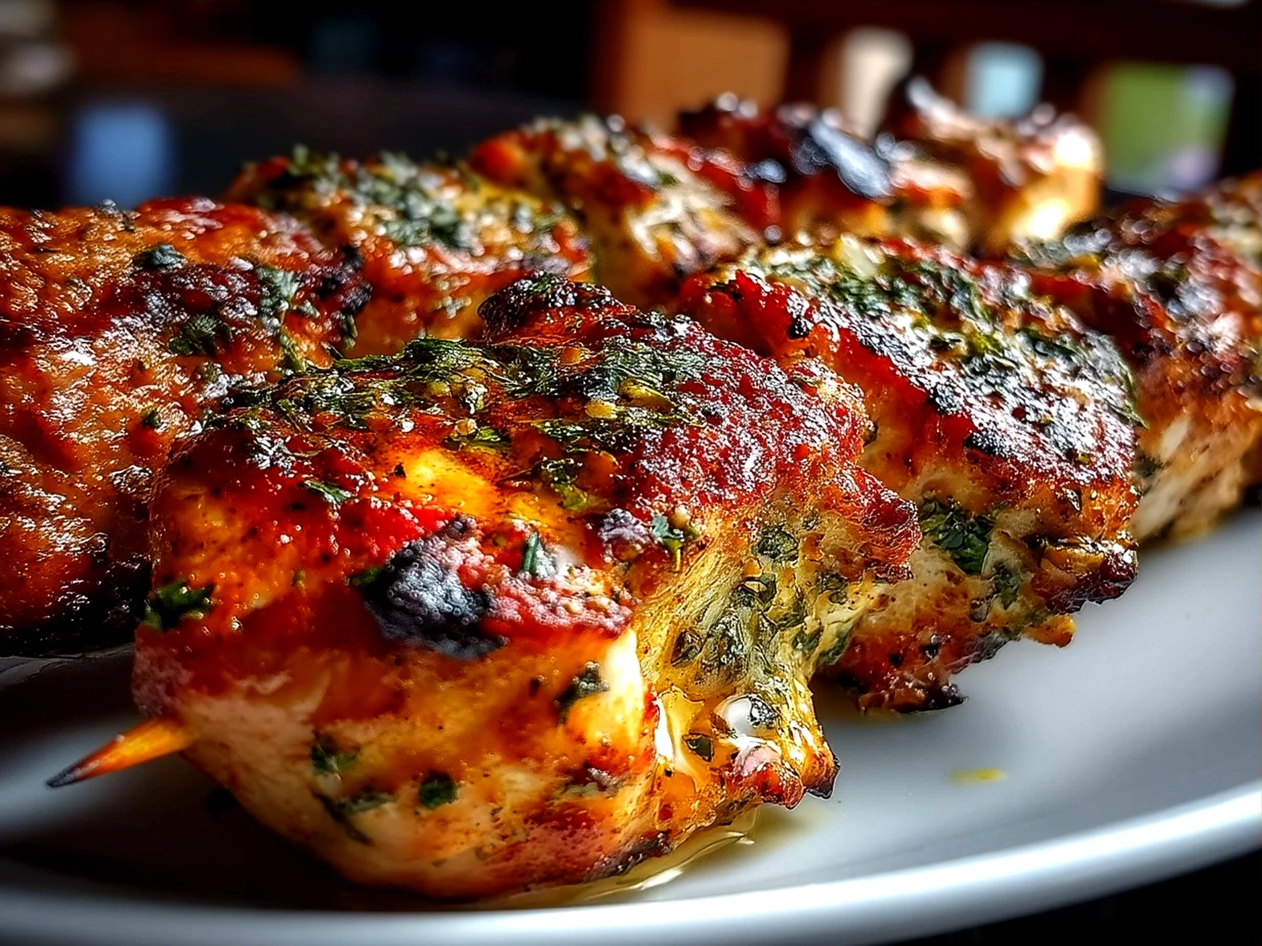 Finished grilled chicken kebabs served on a plate with fresh salad and pita bread