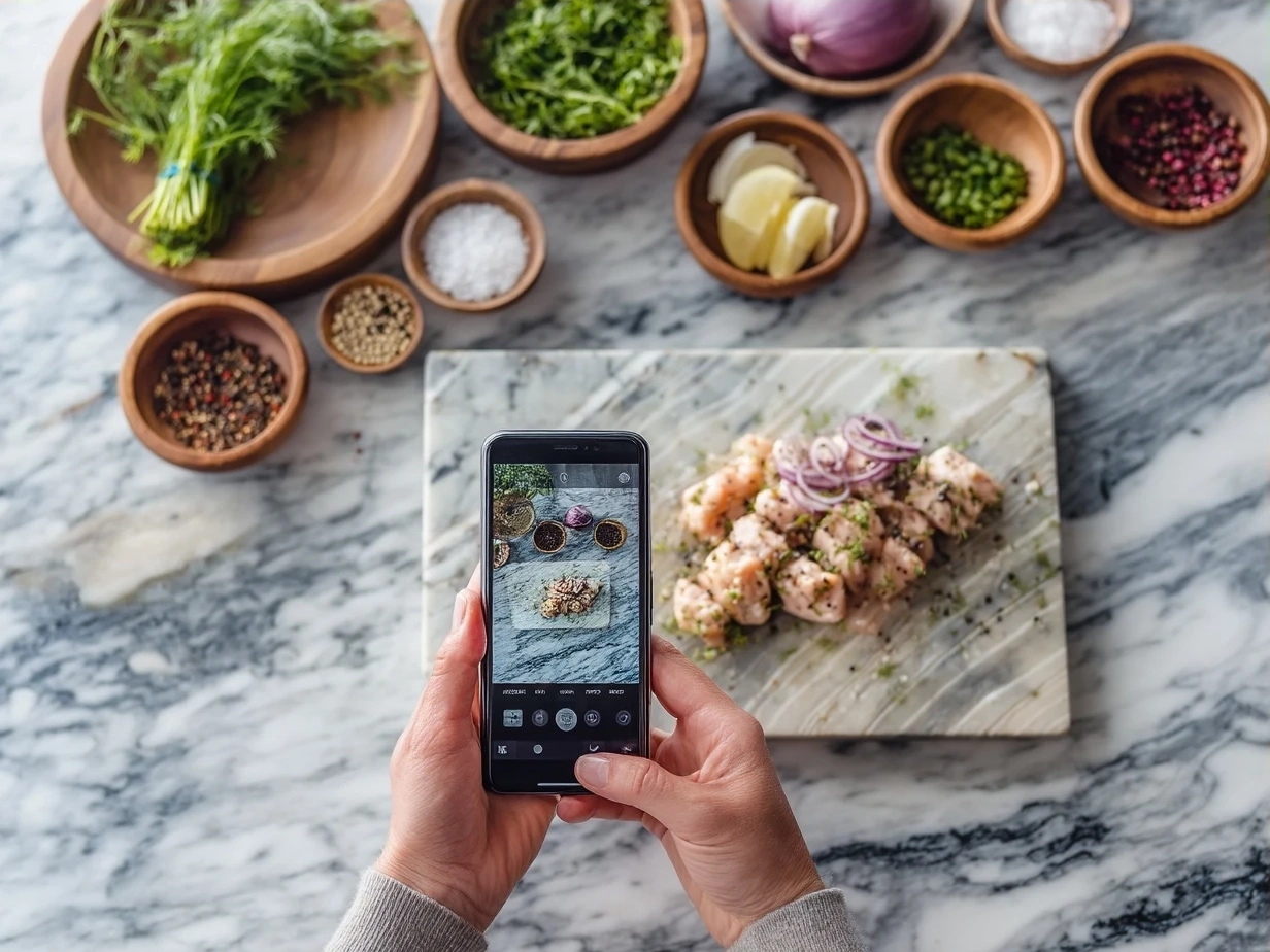 Ingredients for chicken kebabs including chicken cubes, spices, lemon, and olive oil