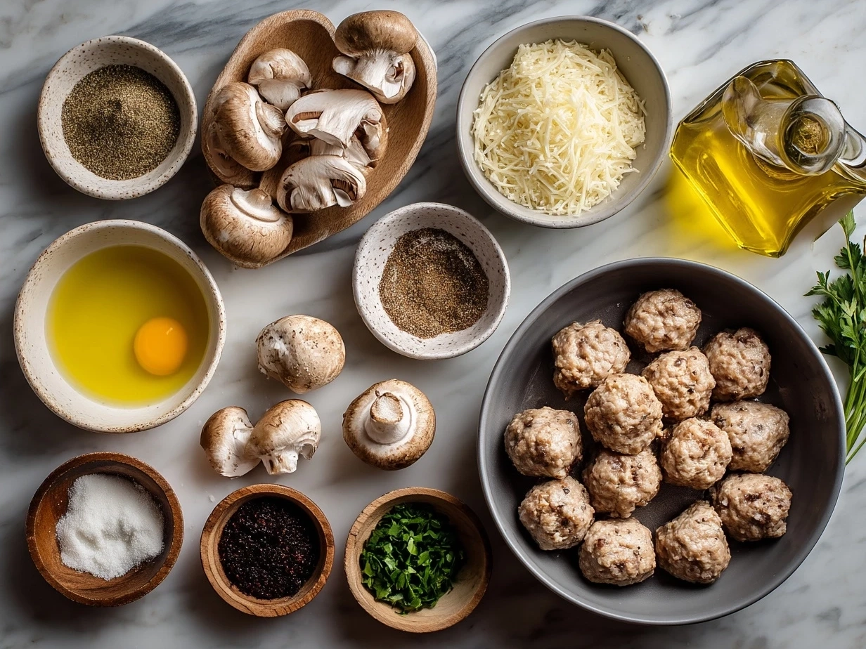 Ingredients for Chicken Marsala Meatballs recipe neatly arranged