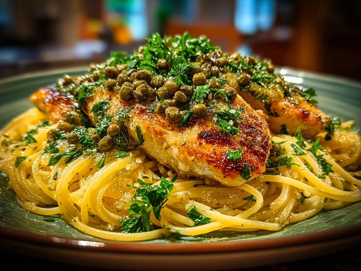 A plate of creamy Chicken Piccata Pasta garnished with fresh parsley