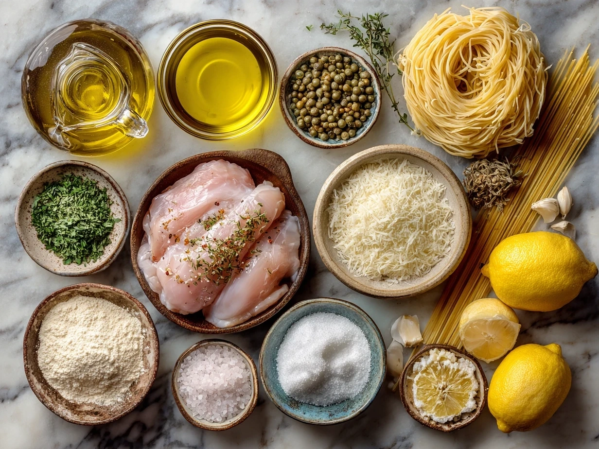 Ingredients for Chicken Piccata Pasta neatly arranged on a wooden board