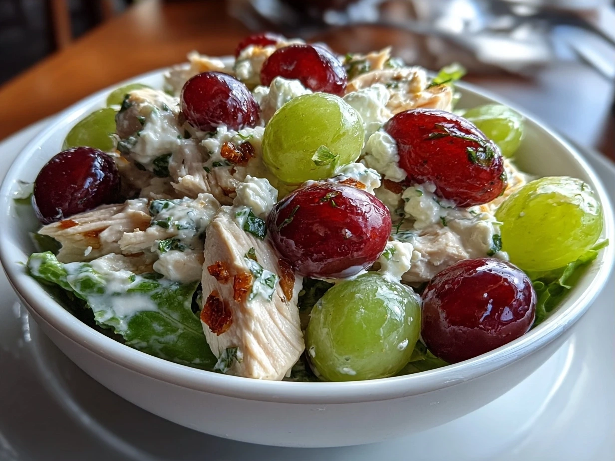 Final serving of Chicken Salad Chick Grape Salad in a glass bowl with pecan topping