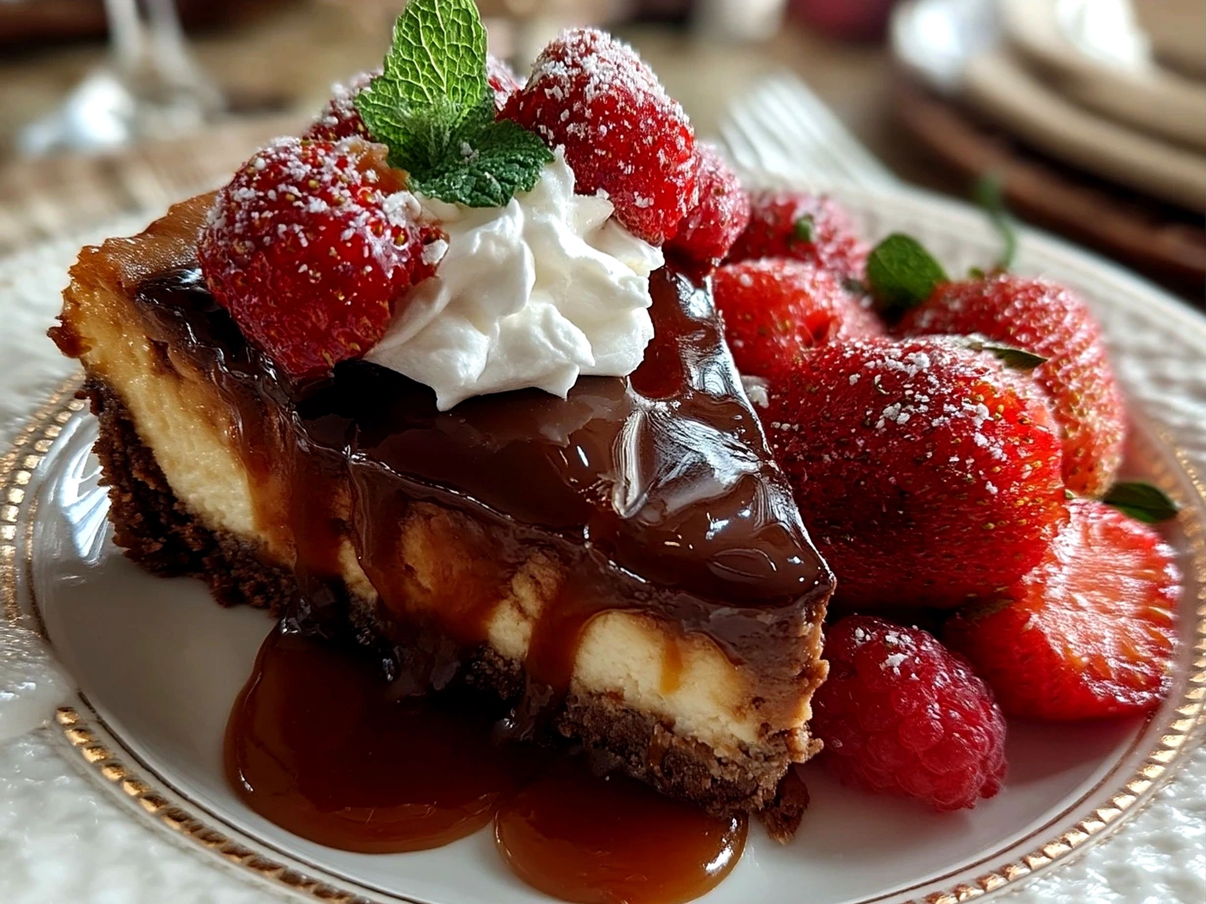 Finished chocolate cheesecake served with fresh berries and whipped coconut cream