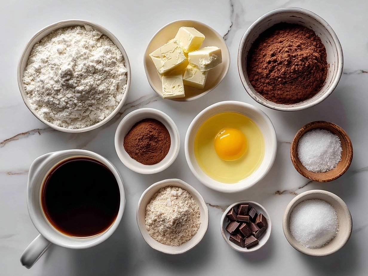 Ingredients for chocolate cheesecake including cream cheese, cocoa powder, eggs, and dark chocolate
