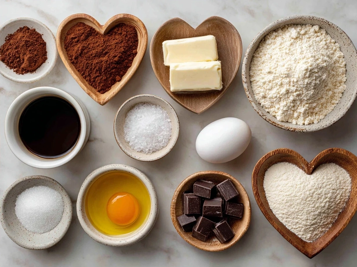 Ingredients for Chocolate Cut-Out Heart Cookies including butter, sugar, cocoa powder, flour and vanilla