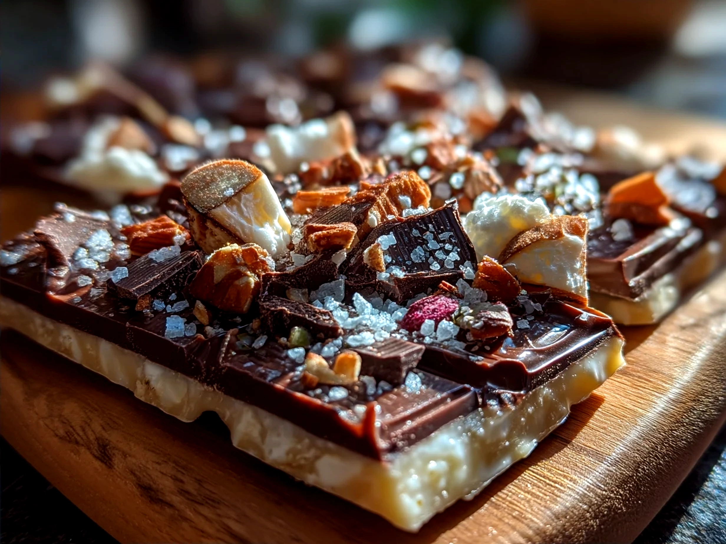 Close-up of broken pieces of Chocolate Greek Yogurt Bark served on a plate
