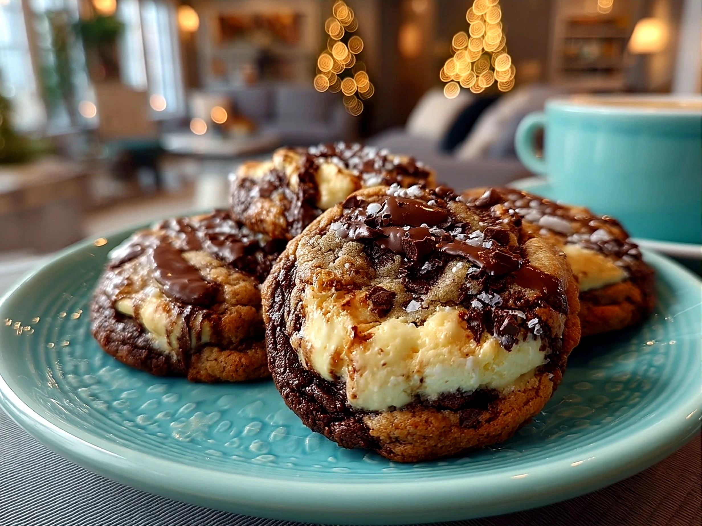 Freshly baked Chocolate Marshmallow Swirl Cookies served on a plate with a cup of coffee